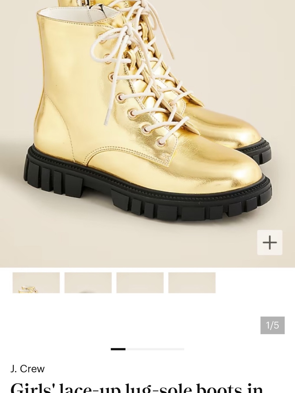 J. Crew Girls Gold Metallic Lace-Up Lug-Sole Boots